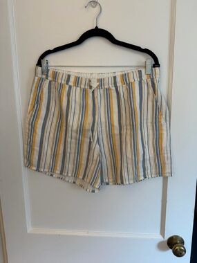 Garnet Hill Striped Drawstring Shorts Yellow Blue White Pockets Women Size L